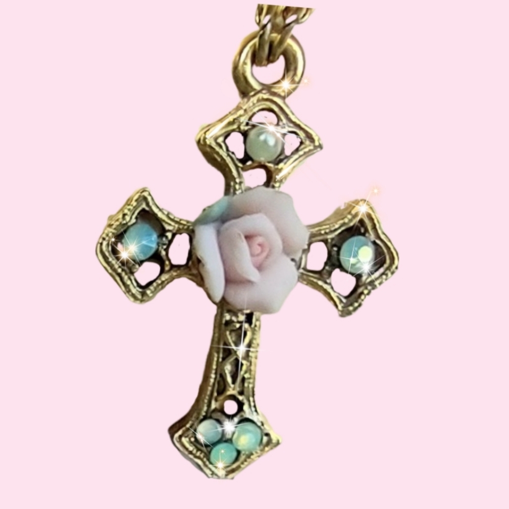 Gold Cross Vintage Inspired 1928 Pink Porcelain Flower Pendant Necklace